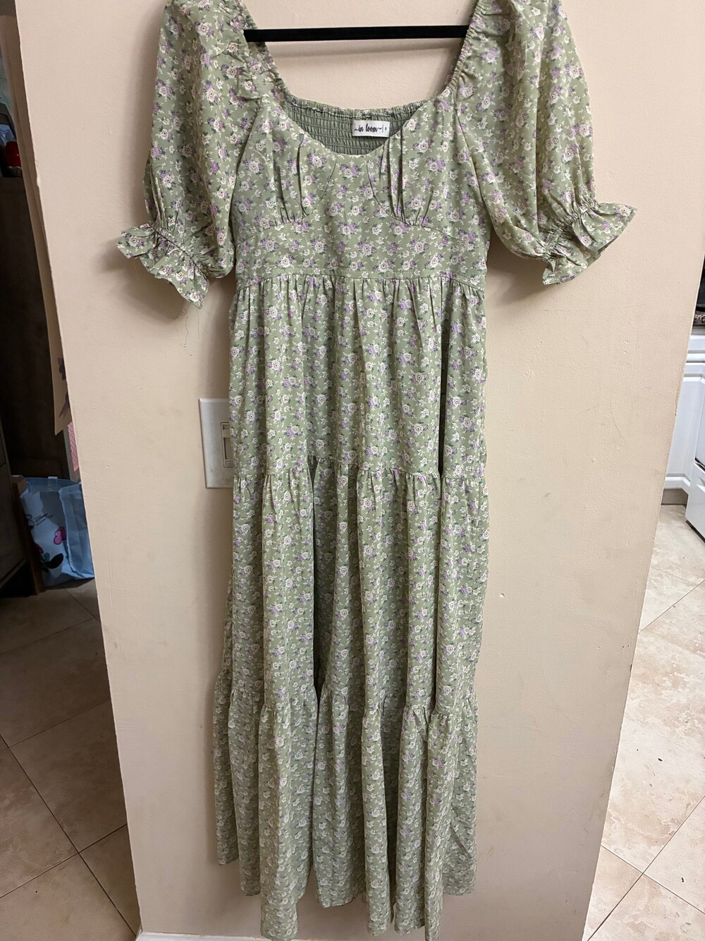 In Bloom Sage Green Floral Tiered Maxi Dress Puff Sleeve Cottagecore S